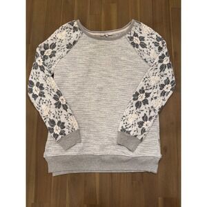 Miss Me Womens Grey Knit Floral Lace Raglan Sleeve Pullover Sweater Size Medium